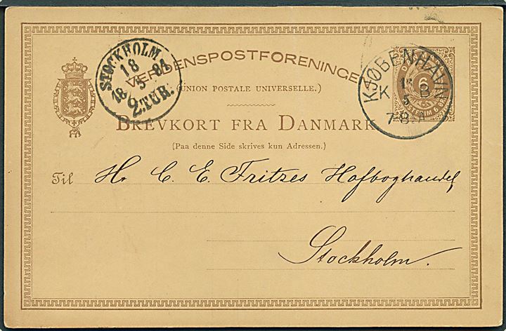 6 øre helsagsbrevkort annulleret med lapidar Kjøbenhavn KB d. 16.5.1881 til Stockholm, Sverige.
