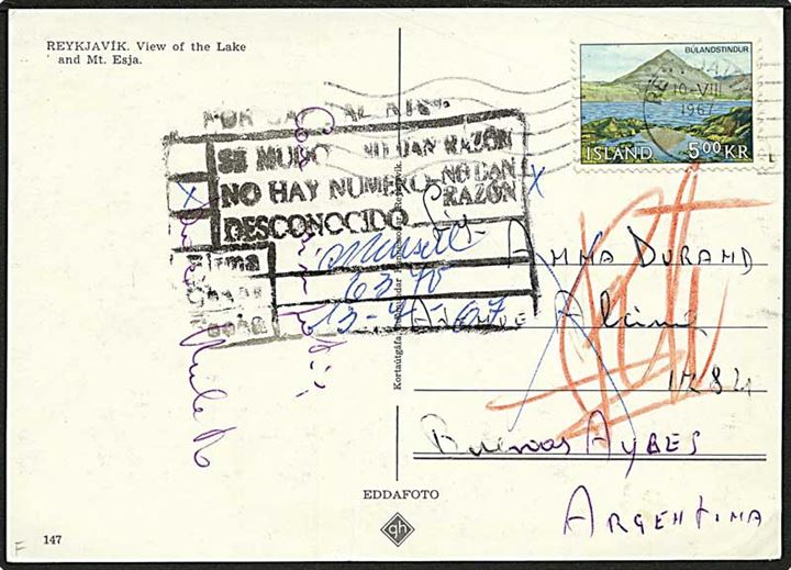 5 kr. Landskab på brevkort fra Reykjavik d. 10.8.1967 til Buenos Aires, Argentina. Retur som ubekendt. Interessant destination.