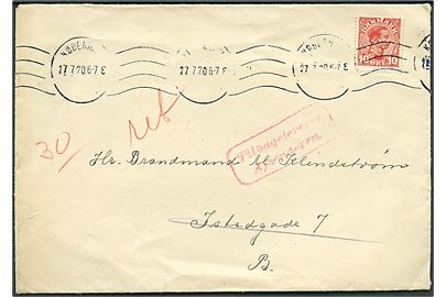 10 øre Chr. X med perfin bølgelinier på fortrykt kuvert fra Københavns Brandvæsen sendt lokalt i Kjøbenhavn d. 27.7.1920. Retur som ubekendt.