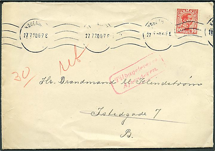 10 øre Chr. X med perfin bølgelinier på fortrykt kuvert fra Københavns Brandvæsen sendt lokalt i Kjøbenhavn d. 27.7.1920. Retur som ubekendt.