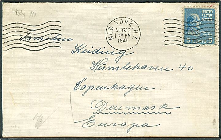 5 cents Monroe på brev fra New York d. 23.8.1941 til København, Danmark. Åbnet af dansk censur.
