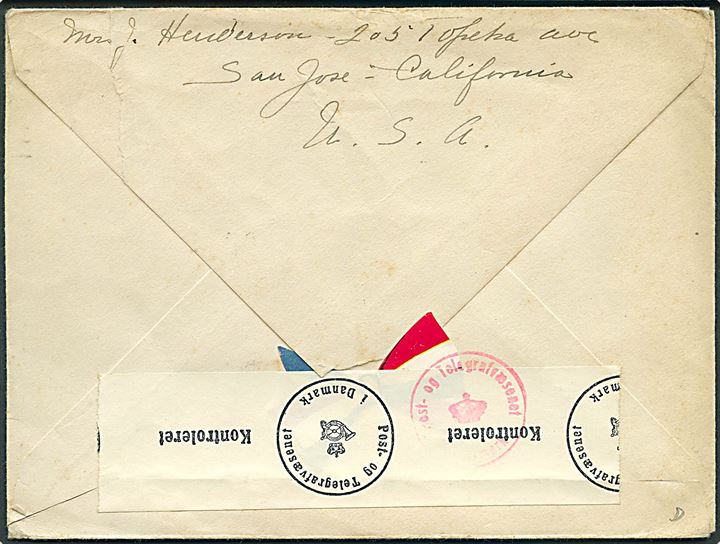 5 cents Monroe på brev fra San Jose d. 22.10.1941 til Hørsholm, Danmark. Passérstemplet Ab ved den tyske censur i Berlin og åbnet af censuren i København.