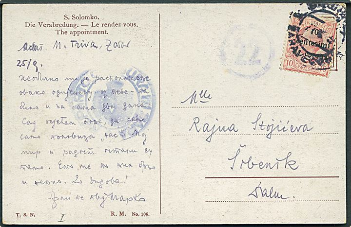 Besættelses udg. 10 centesimi di corona på brevkort fra Zara d. 25.9.1919 til Sibenik. Lokal censur fra Zara.