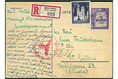 Generalgouvernement. 12 gr. helsagsbrevkort opfrankeret med 80 gr. sendt anbefalet fra Deutsch Przemysl d. 3.2.1942 til St. Gallen, Schweiz. Tysk censur.