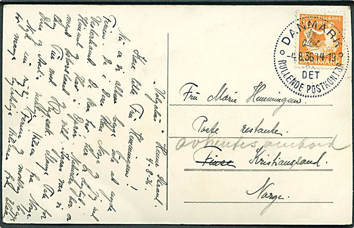10 øre H. C. Andersen ,på brevkort dateret Henne Strand annulleret med særstempel Danmark * Det Rullende Postkontor * d. 4.8.1936 til poste restante i Kristianssand, Norge. Det rullende postkontor er ikke registreret opstillet på denne dato, men opstillet ved Vejers Strand d. 2.8.1936 og siden i Fakse i dagene 8.-9.8.1936.