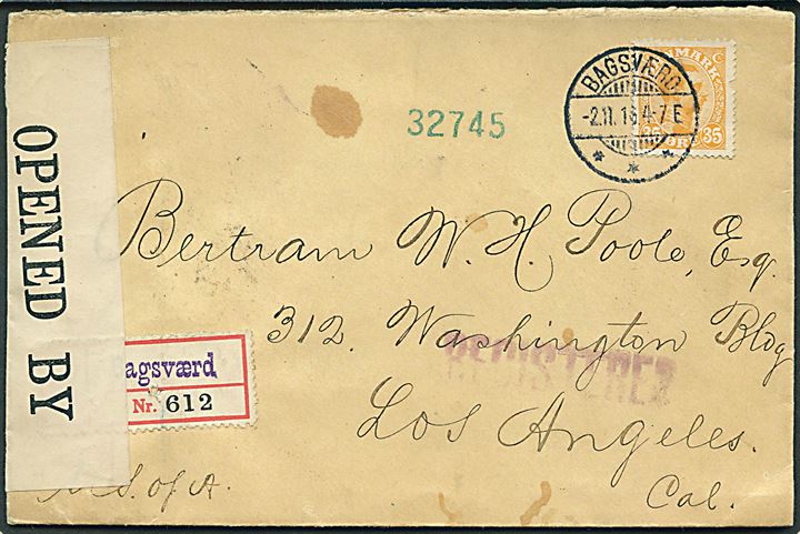 35 øre Chr. X (mgl. tak) single på anbefalet brev fra Bagsværd d. 2.11.1916 via New York til Los Angeles, USA. Blanko rec.-etiket stemplet Bagsværd. Åbnet af britisk censur no. 4422.