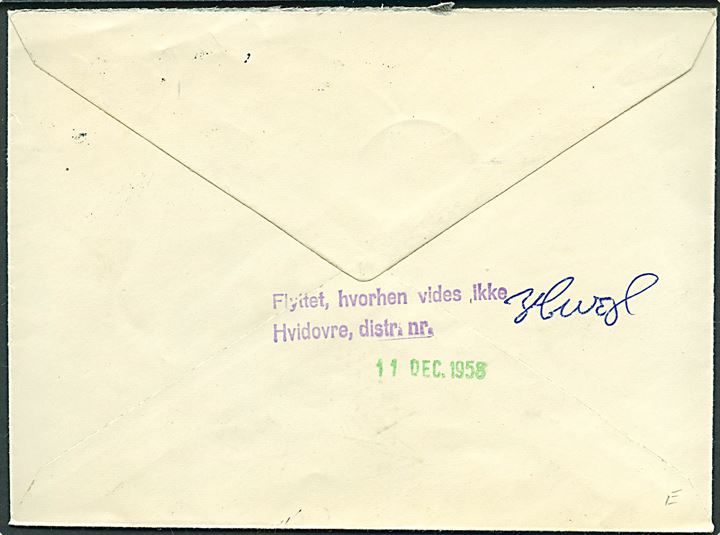 30 øre Fr. IX og Julemærke 1958 på brev fra København d. 9.12.1958 til Hvidovre. Retur som ubekendt.