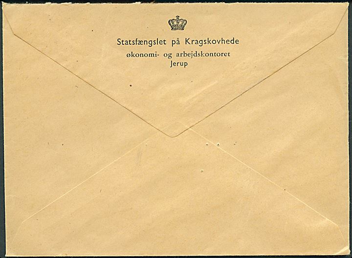 30/25 øre Provisorium på fortrykt kuvert fra Statsfængslet på Kragskovhede stemplet Jerup d. 30.6.1956 til Roskilde.