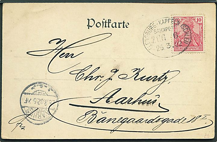10 pfg. Germania Reichpost på brevkort fra Kappeln annulleret med bureaustempel Flensburg - Kappeln (Schlei) Bahnpost Zug 6 d. 26.3.1902 til Aarhus, Danmark.