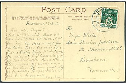 5 øre Bølgelinie på brevkort annulleret med brotype Ig Thorshavn d. 29.8.1913 til København.