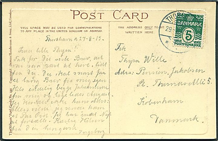 5 øre Bølgelinie på brevkort annulleret med brotype Ig Thorshavn d. 29.8.1913 til København.