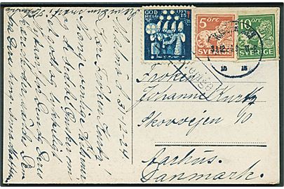 5 öre og 10 öre Løve og Julemærke 1924 på brevkort fra Malmö annulleret med skibsstempel Fra Sverige og sidestemplet Ljøbenhavn d. 31.12.1924 til Aarhus, Danmark.