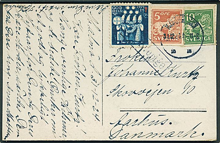 5 öre og 10 öre Løve og Julemærke 1924 på brevkort fra Malmö annulleret med skibsstempel Fra Sverige og sidestemplet Ljøbenhavn d. 31.12.1924 til Aarhus, Danmark.