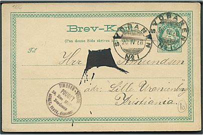 5 øre helsagsbrevkort annulleret med bureaustempel Sydbanen No. 1 d. 20.4.1886 til Kristiania. Del af adresse overstreget.