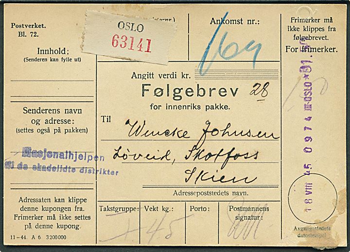 1,50 kr. frankostemplet adressekort for pakke fra Nasjonalhjelpen til de skadelidte distrikter i Oslo d. 18.8.1945 til Skotfoss, Skien.