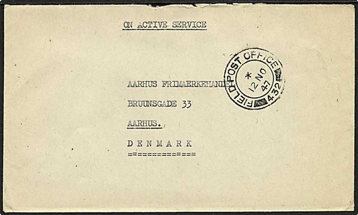 Ufrankeret britisk OAS feltpostbrev stemplet Field Post Office 432 (= Hamburg) d. 12.11.1947 til Aarhus, Danmark. Fra dansk post censor (1289 Larsen) ved 2nd District Censorship Station i Hamburg.