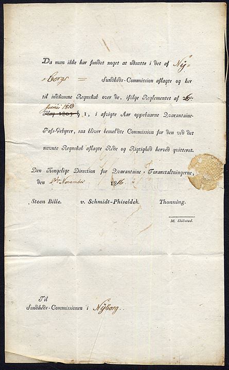1816. Tjenestebrev mærket K.T. fra Den Kongelige Direction for Qvarantaine Foranstaltningerne i Kjøbenhavn d. 2.11.1816 til Nyborg.