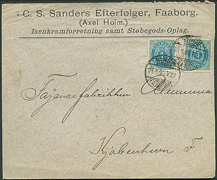 4 øre Tofarvet (2) på brev fra Faaborg annulleret med bureaustempel Ringe - Faaborg T.27 d. 25.4.1895 til Kjøbenhavn.