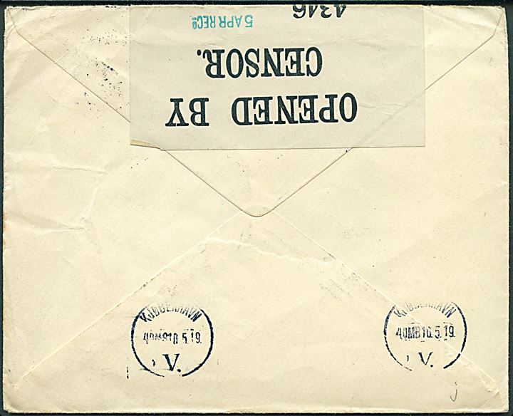 20 øre Chr. X på brev fra Kjøbenhavn d. 29.3.1919 til London, England. Retur som ubekendt med flere stempler. Åbnet af britisk censur no. 4346.