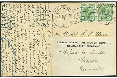 5 øre Chr. X (2) på brevkort (Gjerrild Præstegaard) fra Odense d. 30.3.1916 til danske konsulat i Newcastle-upon-Tyne. Eftersendt til Odense. Kortet løst.
