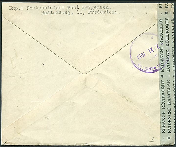 25+5 øre Jutlandia, 45 øre og 55 øre Fr. IX på anbefalet brev fra Aalborg d. 20.10.1951 til Decin, Tjekkoslovakiet. Åbnet af tjekkisk toldkontrol.