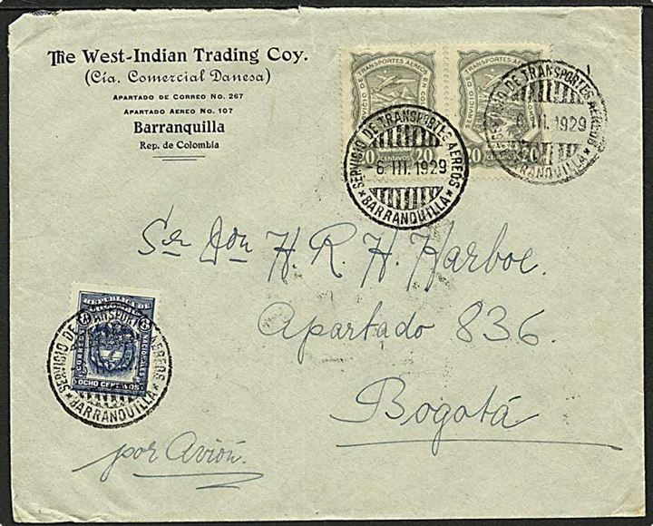 Blandingsfrankering med 20 c. Scadta luftpostmærker i parstykke og colombiansk 8 c. på indenrigs luftpostbrev fra Barranquilla d. 6.3.1929 til Bogota. 