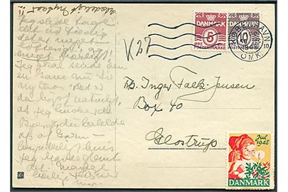 5 øre og 10 øre Bølgelinie, samt Julemærke 1948, på brevkort fra København til kvindelig indsat i Psykopatanstalterne i Herstedvester med postadresse: Box 40, Glostrup.