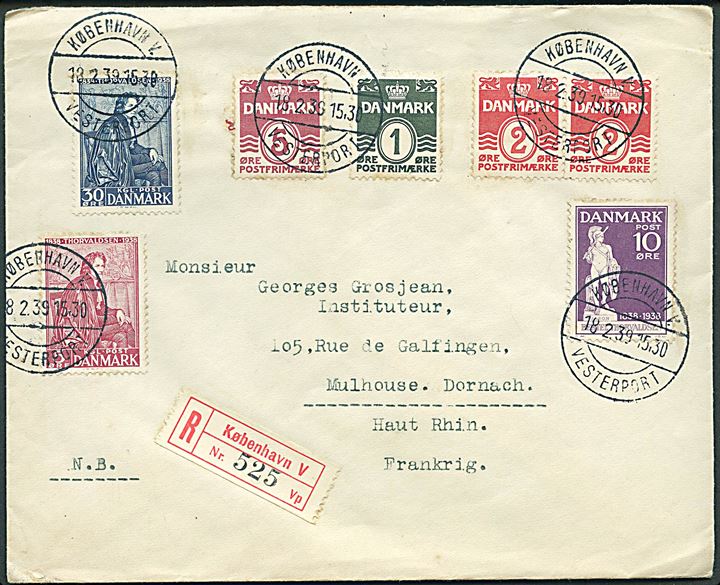 1 øre, 2 øre (par), 5 øre Bølgelinie og lomplet sæt Thorvaldsen på anbefalet brev annulleret med brotype IId København V. Vesterport d. 18.2.1939 til Mulhouse, Frankrig.