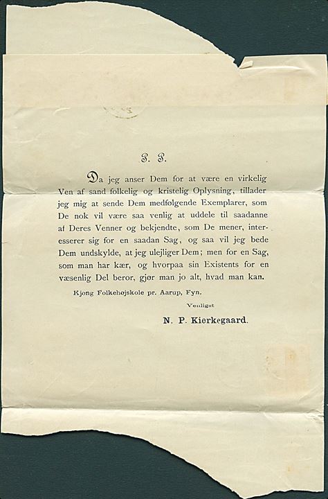 4 øre Tofarvet på korsbånd sendt som tryksag med skrivelse fra Kjøng Folkehøiskole påskrevet Betalt under frimærke og annulleret med svagt stjernestempel RØRMOSEHUUS og sidestemplet kombineret nr.stempel 97/Aarup d. 23.10.(1879) til Sanderum pr. Odense.