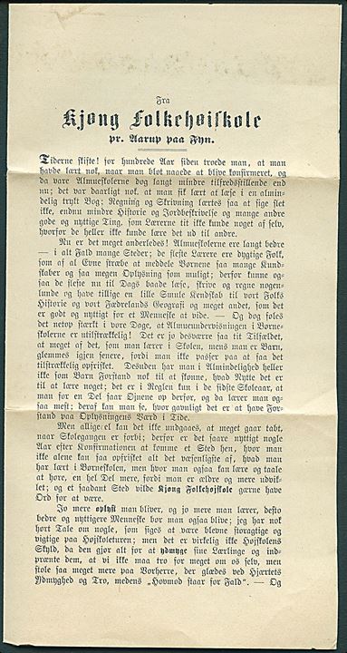 4 øre Tofarvet på korsbånd sendt som tryksag med skrivelse fra Kjøng Folkehøiskole påskrevet Betalt under frimærke og annulleret med svagt stjernestempel RØRMOSEHUUS og sidestemplet kombineret nr.stempel 97/Aarup d. 23.10.(1879) til Sanderum pr. Odense.