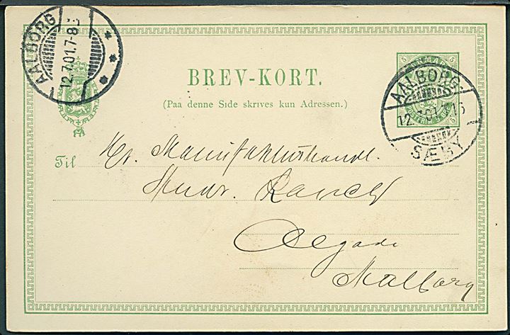 5 øre Våben helsagsbrevkort fra Vester Hassing annulleret med bureaustempel Aalborg - Sæby T.16 d. 12.7.1901 til Aalborg.