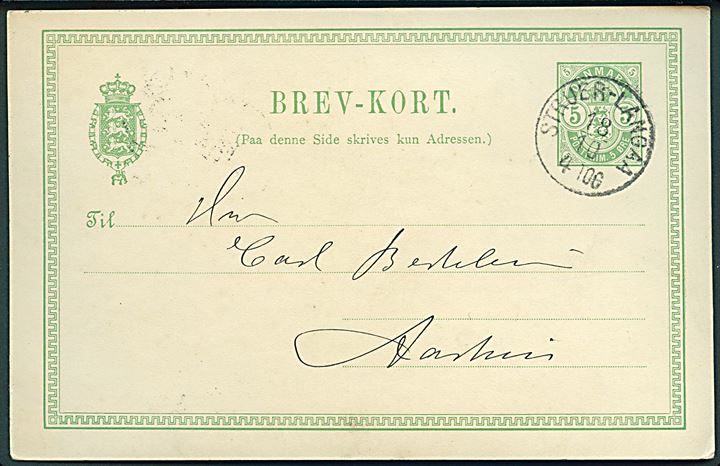 5 øre Våben helsagsbrevkort fra Handbjerg annulleret med lapidar bureaustempel Struer - Langaa d. 18.10.1899 til Aarhus.