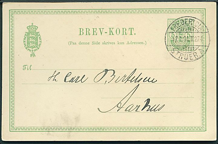 5 øre Våben helsagsbrevkort fra Hjerm annulleret med bureaustempel Fredericia - Struer A. T.274 d. 17.1.1901 til Aarhus.
