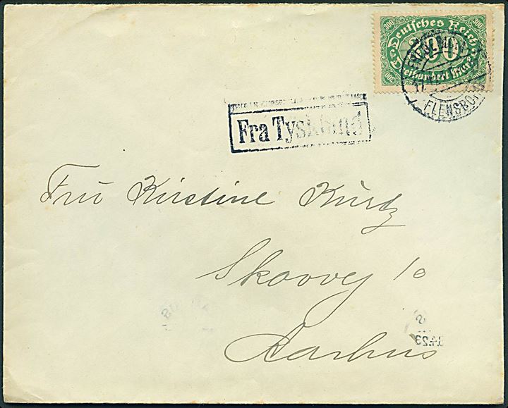 300 mk. Infla udg. på brev annulleret med bureaustempel Fredericia - Flensborg T.937 d. 17.4.1923 og sidestemplet Fra Tyskland til Aarhus, Danmark.