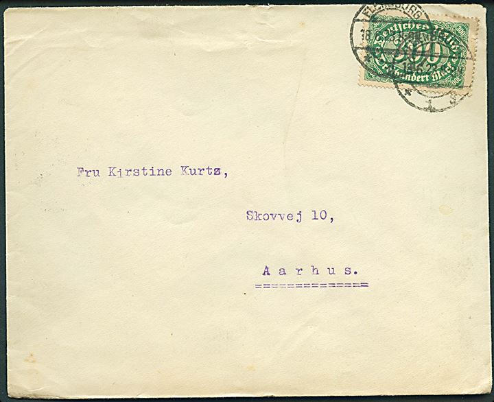300 mk. Infla udg. på brev fra Flensburg d. 18.6.1923 til Aarhus, Danmark.