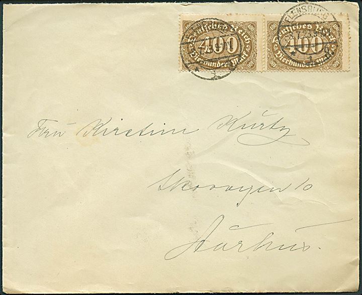 400 mk. Infla udg. i parstykke på brev fra Flensburg d. 8.7.1923 til Aarhus, Danmark.