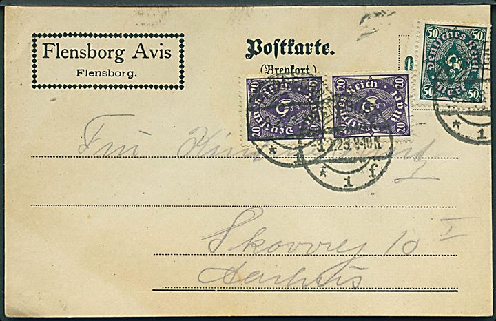 20 mk. (par) og 50 mk. Infla udg. på fortrykt brevkort fra Flensborg Avis stemplet Flensburg d. 9.2.1923 til Aarhus, Danmark.