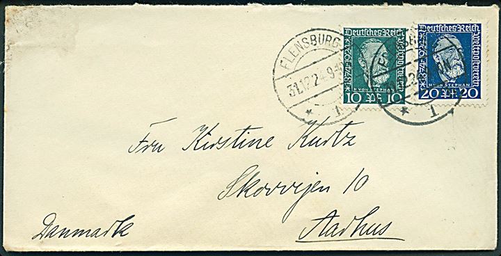 10 pfg. og 20 pfg. von Stephan på brev fra Flensburg d. 31.12.1924 til Aarhus, Danmark.