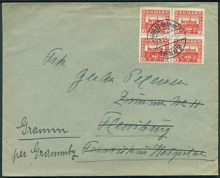 10 øre Genforening i fireblok på brev fra Gram annulleret med bureaustempel Vojens - Gramby - Arnum T.46 d. 12.5.1921 til Flensburg, Tyskland - eftersendt til Gram.