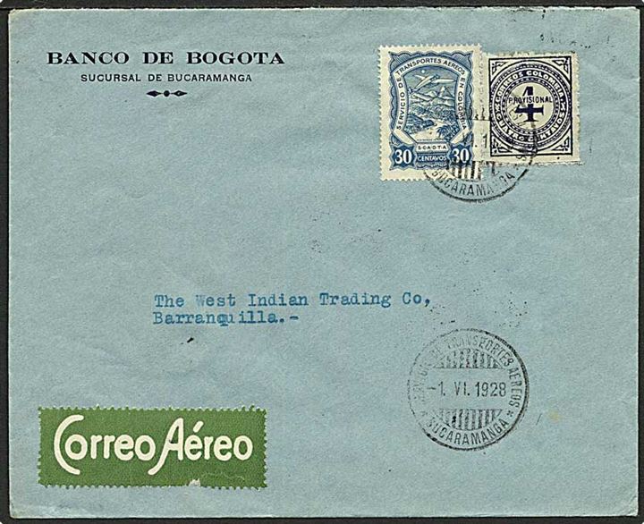 4 c. colombiansk og 30 c. Scadta luftpost mærke på indenrigs luftpostbrev fra Bucaramanga d. 16.1928 til Barranquilla.
