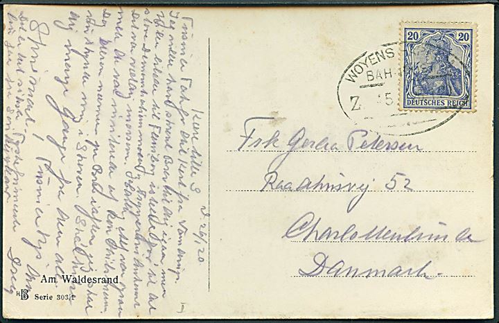 20 pfg. Germania anvendt på brevkort dateret d. 26.1.1920 og annulleret med bureaustempel Woyens - Arnum Bahnpost Zug 45 d. 26.1.1920 til Charlottenlund. Benyttet i på sidste gyldighedsdato i plebiscit-perioden.