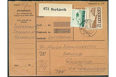 2 kr. Regeringsbygning og 10 kr. Luftpost på adressekort for pakke med opkrævning fra Reykjavik d. 10.6.1959 til Patreksfjord.