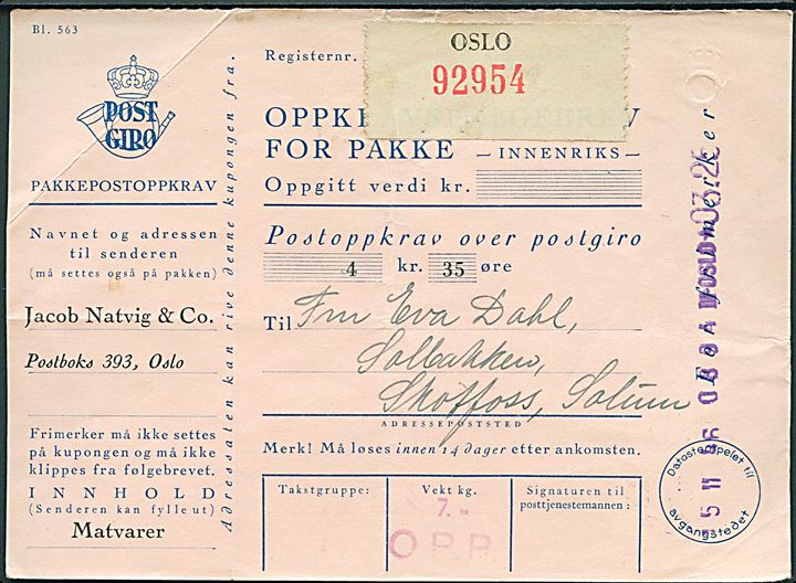 3,25 kr. franko på adressekort for pakke med opkrævning fra Oslo d. 5.11.1945 til Skotfoss.