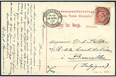 10 øre Posthorn på brevkort (Kongensgade, Aalesund) annulleret med nr.stempel 563 (Sejlende bureau Hjælsetruten) til Bruxelles, Belgien. Ank.stemplet d. 29.11.1908.