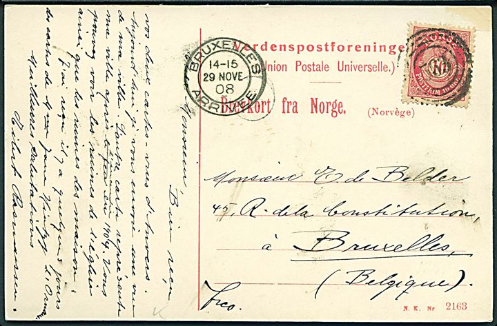 10 øre Posthorn på brevkort (Kongensgade, Aalesund) annulleret med nr.stempel 563 (Sejlende bureau Hjælsetruten) til Bruxelles, Belgien. Ank.stemplet d. 29.11.1908.