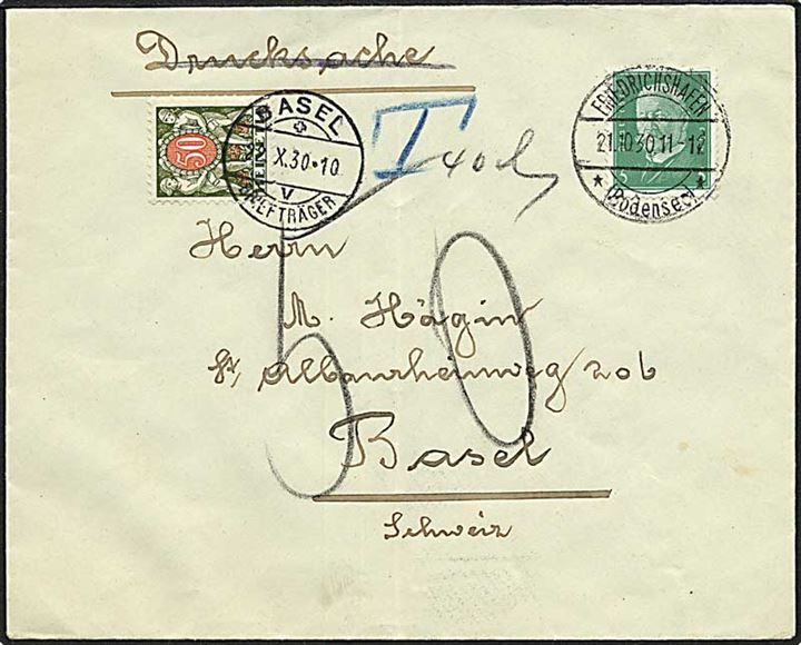 5 pfg. Hindenburg single på tryksag fra Friedrichshafen d. 21.10.1930 til Basel, Schweiz. Underkendt som tryksag og udtakseret i 50 c. porto stemplet Basel d. 22.10.1930. På bagsiden lukkemærkat fra Friedrichshafen.