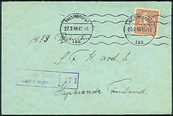 15 öre Linné på brev fra Hälsingborg d. 27.2.1940 til soldat ved S.F.K. (Svenska Frivilligkåren) Avd. 1, Haparanda F. Finsk censur.