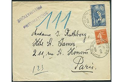 25 c. og 1,75 fr. på rørpostbrev i Paris d. 13.8.1938. Liniestempel: Pneumatique.