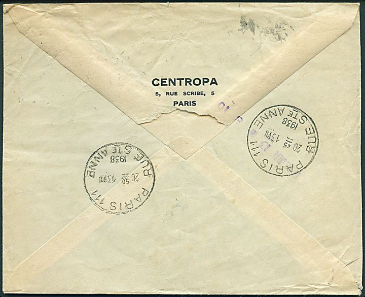 25 c. og 1,75 fr. på rørpostbrev i Paris d. 13.8.1938. Liniestempel: Pneumatique.