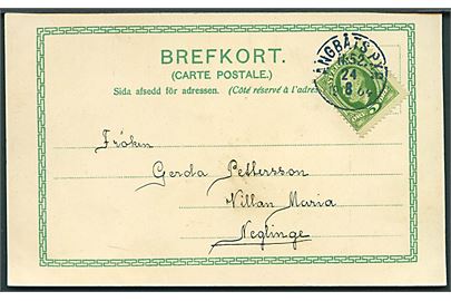 5 öre Oscar II på brevkort (Havneparti fra Stockholm) annulleret med skibsstempel Ångbåts PXP. No. 52 (= Stockholm - Vaxholmområdet) d. 24.8.1904 til Neglinge.